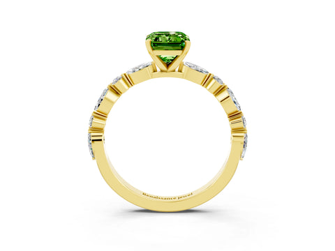 Yellow gold Emerald Cut Peridot Solitaire with Side Stones on a Pavé Band and Four-Prong Setting_3