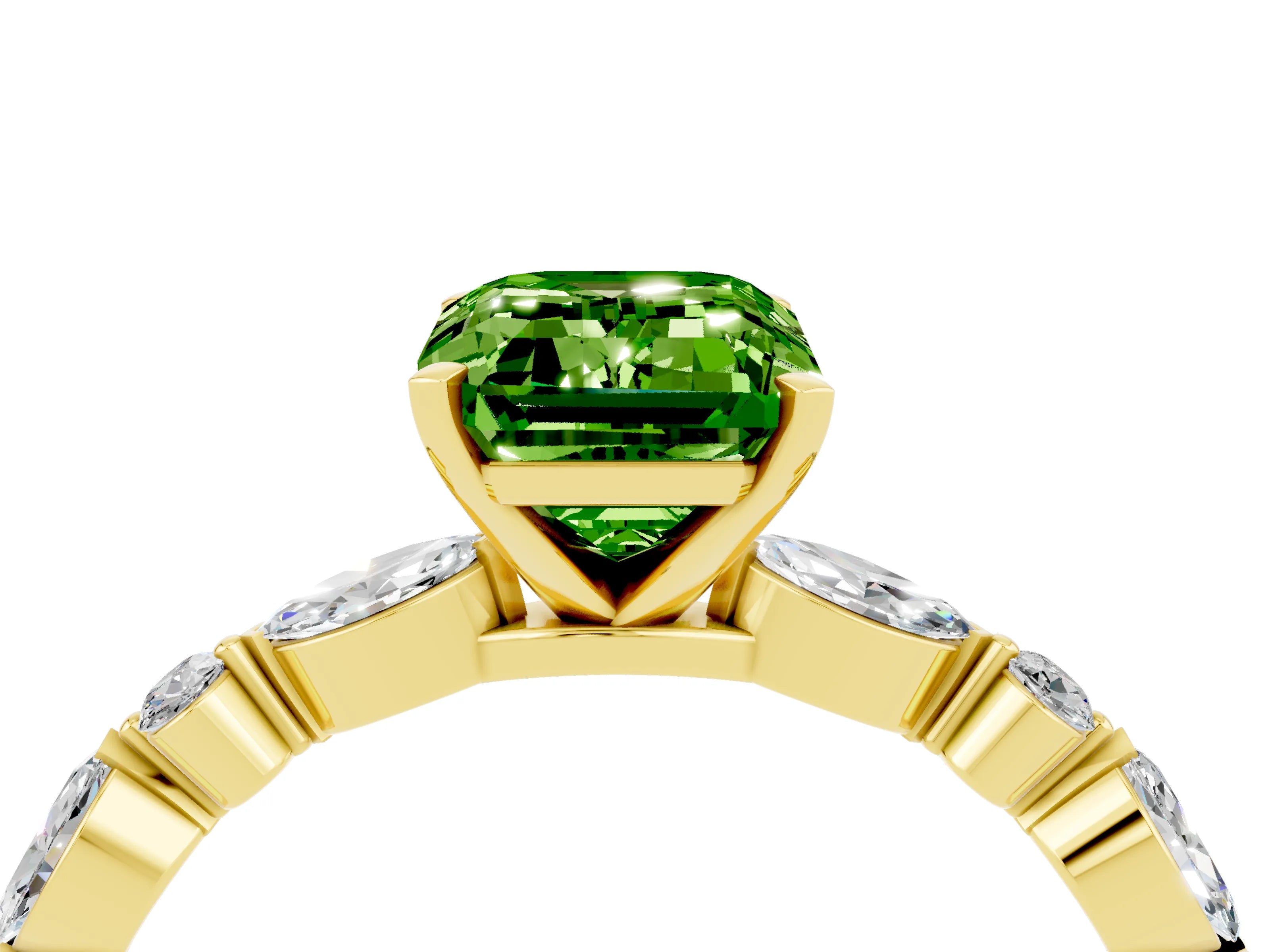 Yellow gold Emerald Cut Peridot Solitaire with Side Stones on a Pavé Band and Four-Prong Setting_4