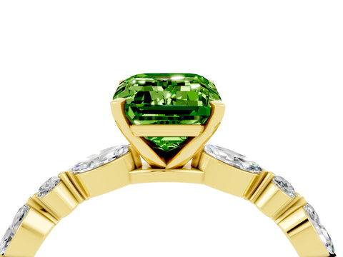 Yellow gold Emerald Cut Peridot Solitaire with Side Stones on a Pavé Band and Four-Prong Setting_4