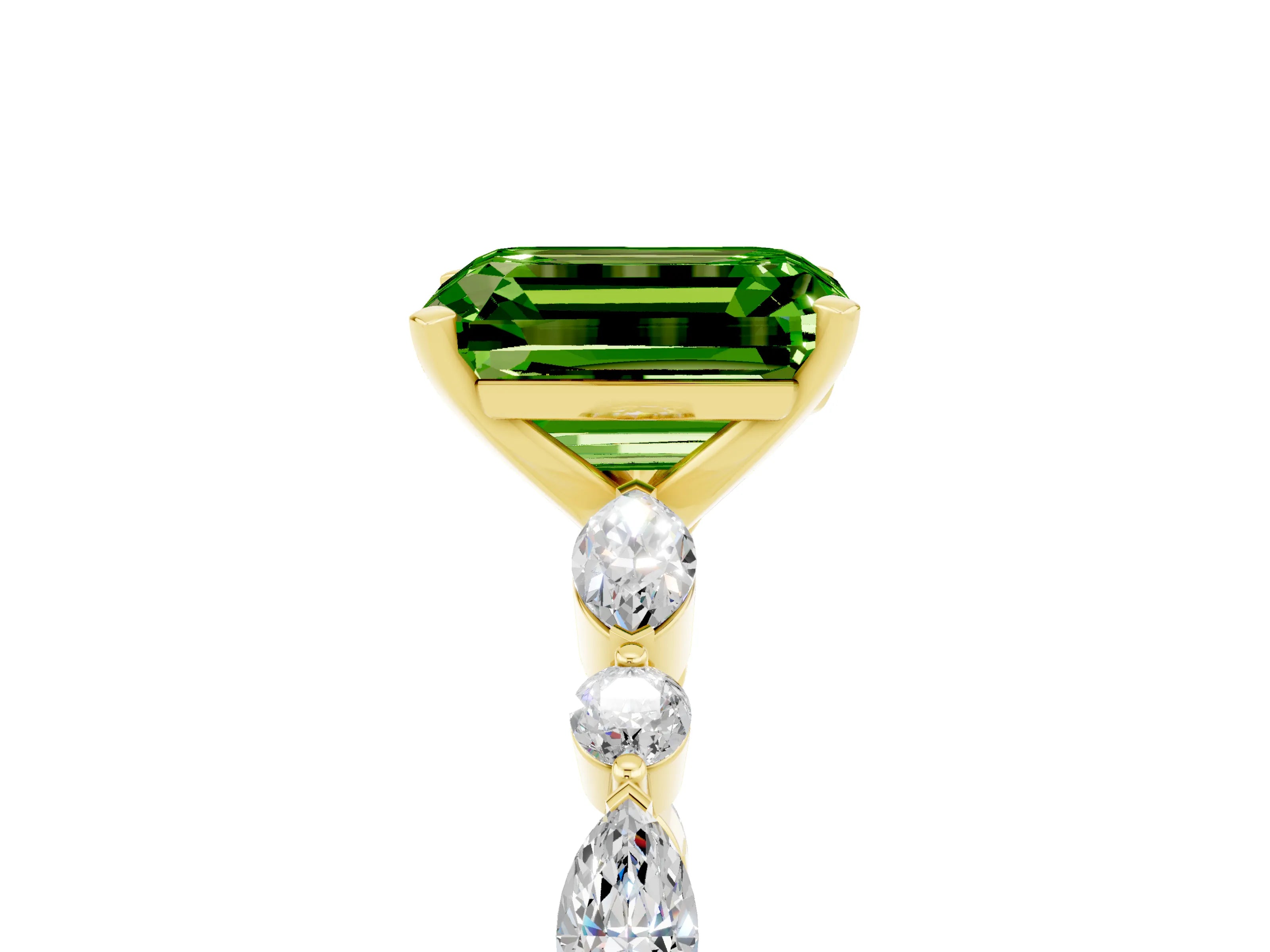 Yellow gold Emerald Cut Peridot Solitaire with Side Stones on a Pavé Band and Four-Prong Setting_5