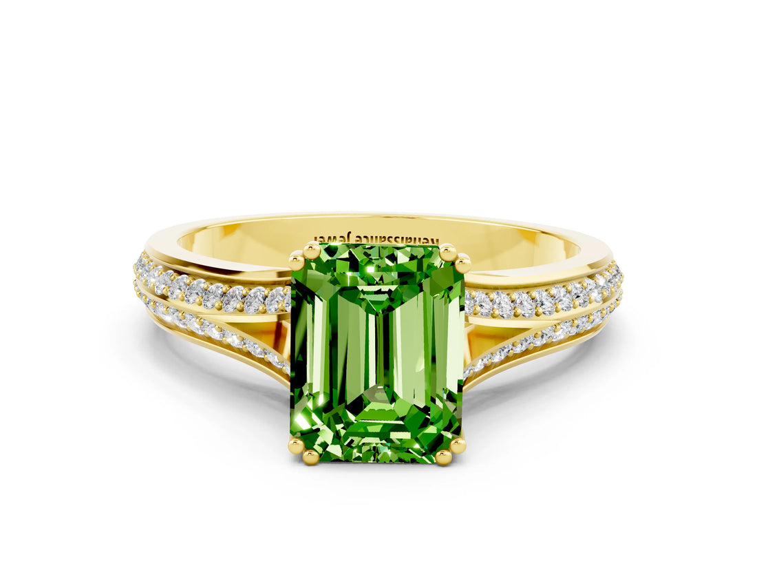 Yellow gold Emerald Cut Peridot Split Shank Engagement Ring with Pavé Band