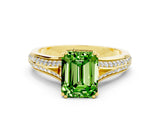 Yellow gold Emerald Cut Peridot Split Shank Engagement Ring with Pavé Band
