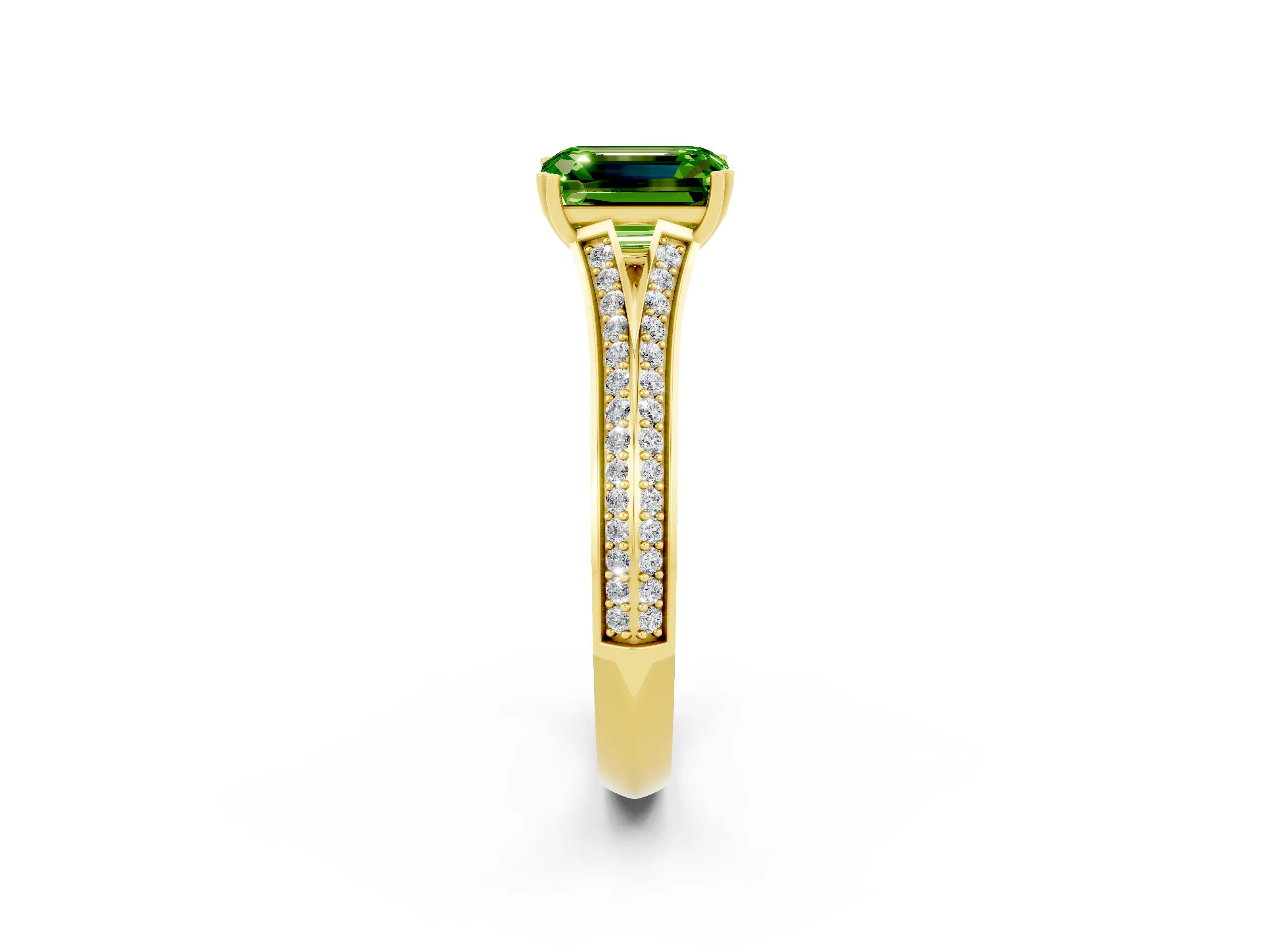 Yellow gold Emerald Cut Peridot Split Shank Engagement Ring with Pavé Band_2