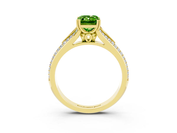 Yellow gold Emerald Cut Peridot Split Shank Engagement Ring with Pavé Band