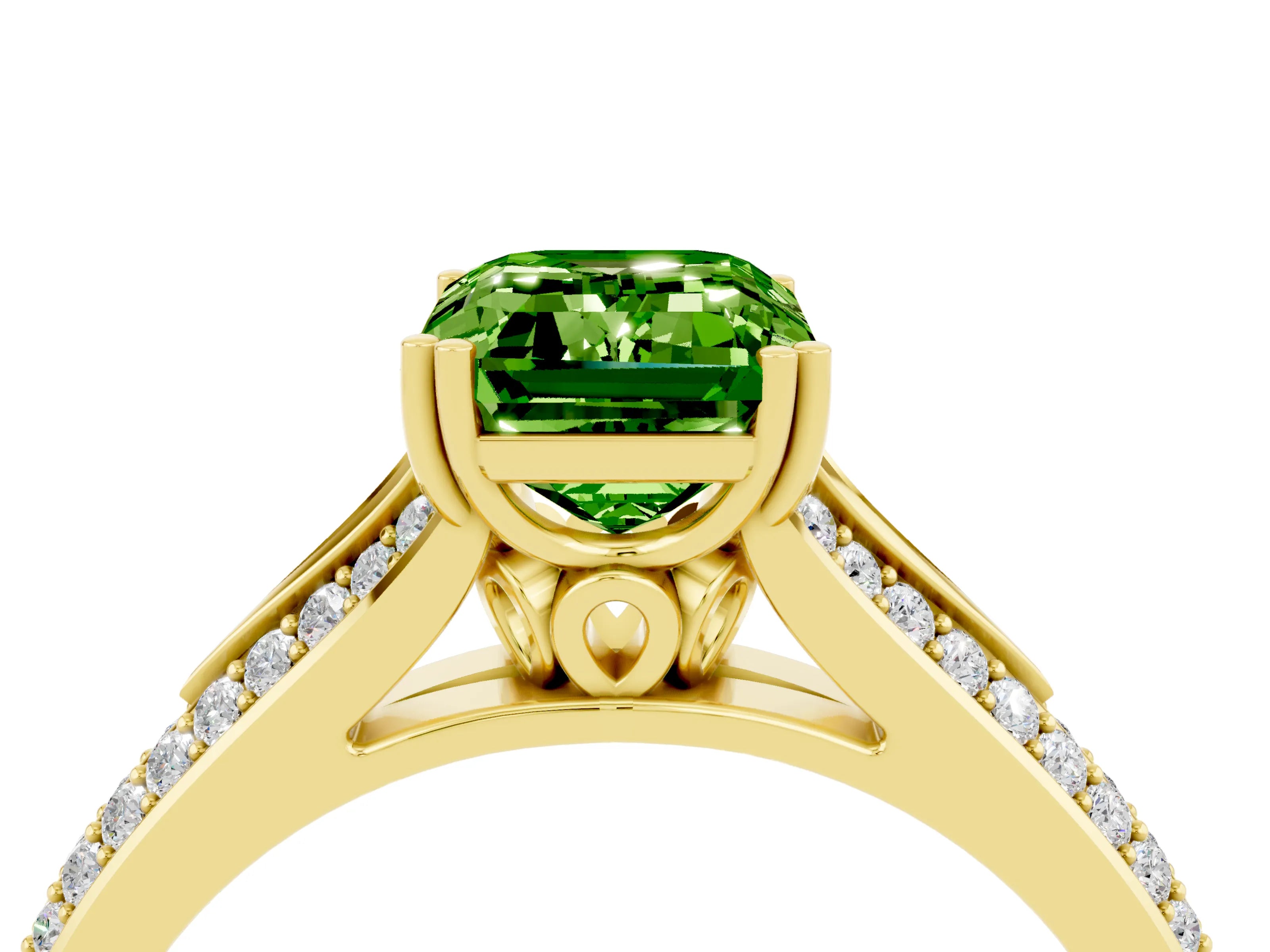 Yellow gold Emerald Cut Peridot Split Shank Engagement Ring with Pavé Band_4