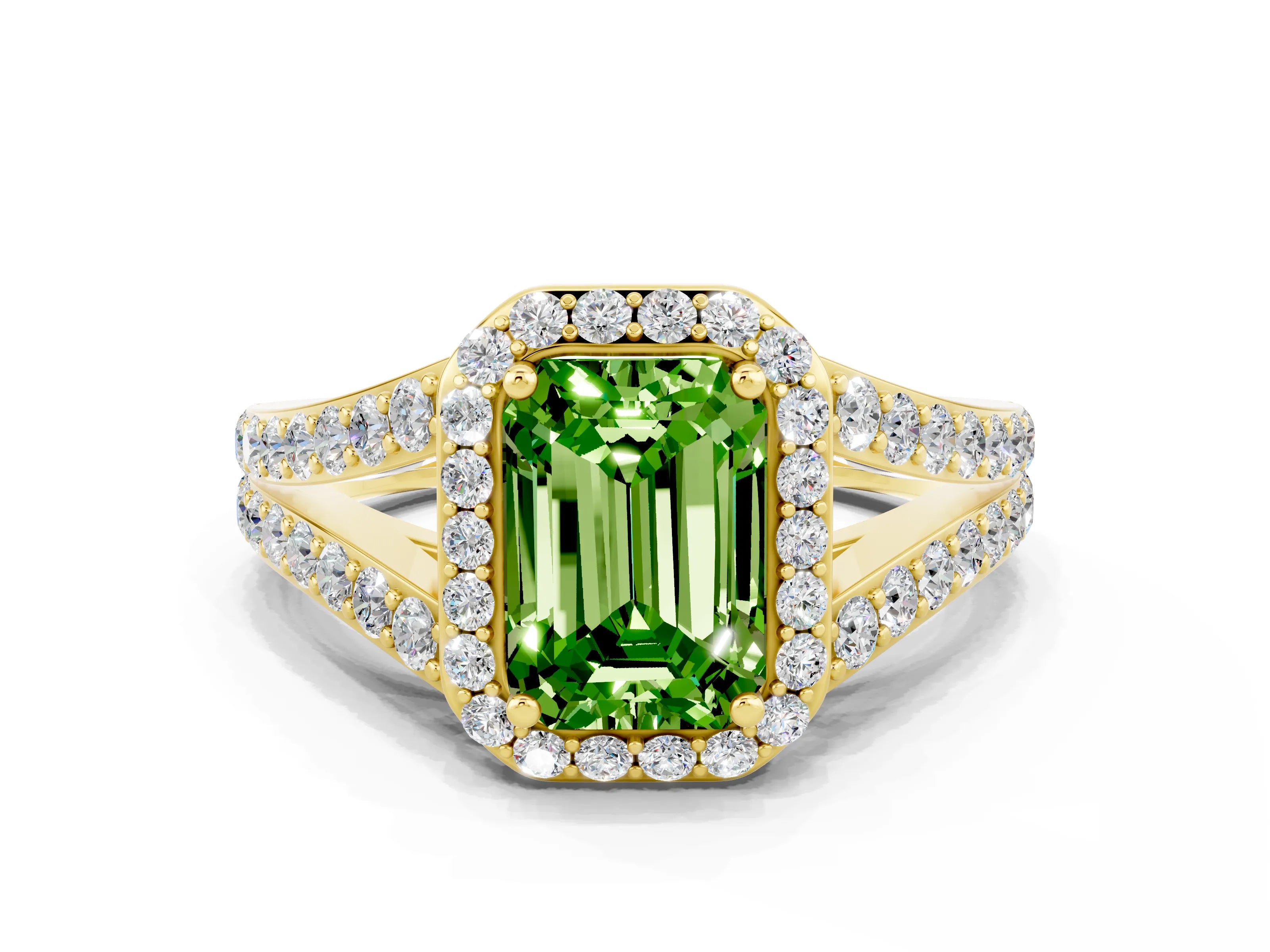 Yellow gold Emerald Cut Peridot Split Shank Halo Ring with Four-Prong Setting_12