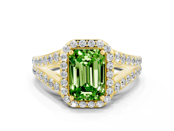 Yellow gold Emerald Cut Peridot Split Shank Halo Ring with Four-Prong Setting