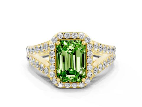Yellow gold Emerald Cut Peridot Split Shank Halo Ring with Four-Prong Setting_12
