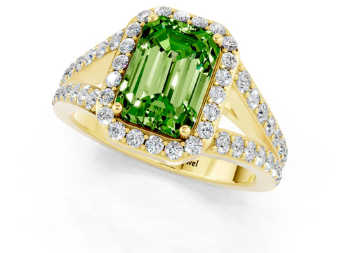 Yellow gold Emerald Cut Peridot Split Shank Halo Ring with Four-Prong Setting_13