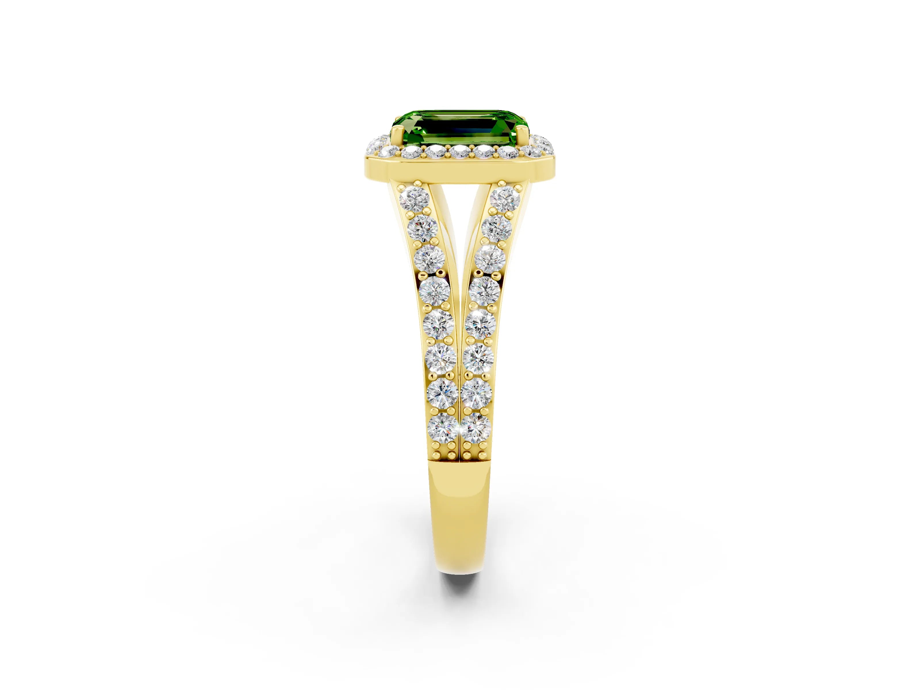 Yellow gold Emerald Cut Peridot Split Shank Halo Ring with Four-Prong Setting_14