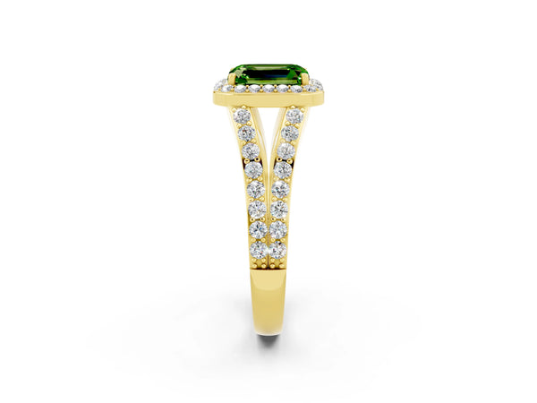 Yellow gold Emerald Cut Peridot Split Shank Halo Ring with Four-Prong Setting
