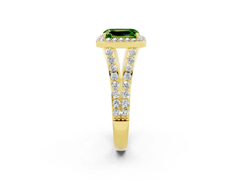 Yellow gold Emerald Cut Peridot Split Shank Halo Ring with Four-Prong Setting_14