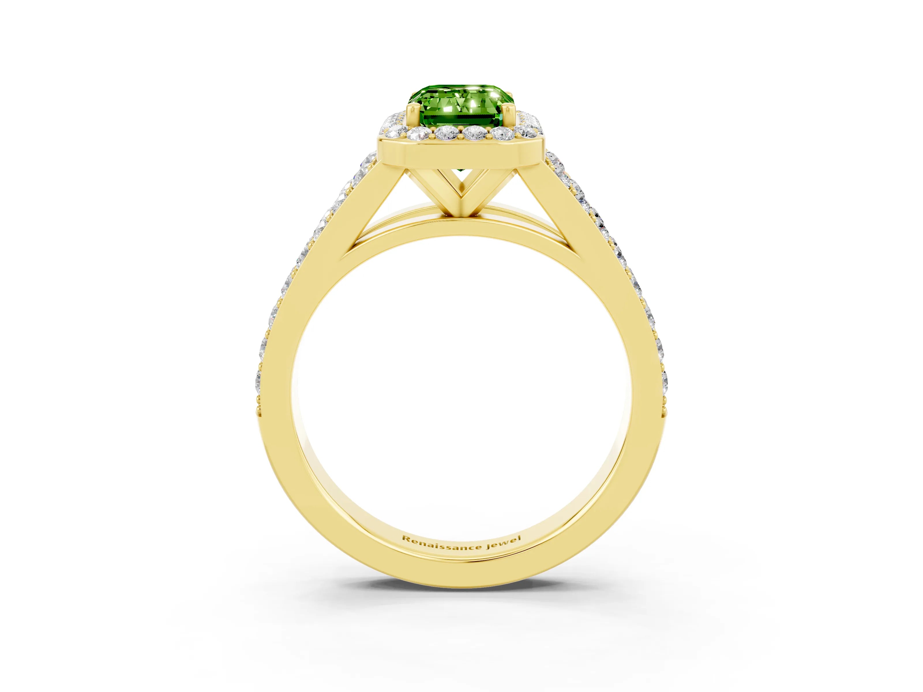Yellow gold Emerald Cut Peridot Split Shank Halo Ring with Four-Prong Setting_15