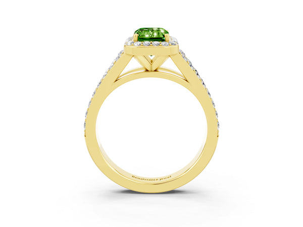 Yellow gold Emerald Cut Peridot Split Shank Halo Ring with Four-Prong Setting