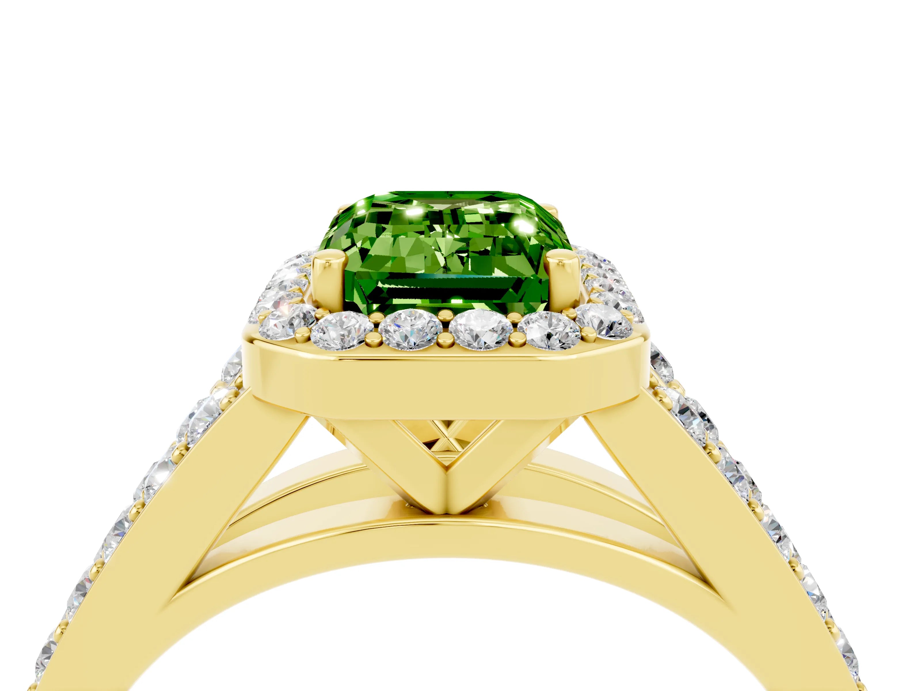 Yellow gold Emerald Cut Peridot Split Shank Halo Ring with Four-Prong Setting_16