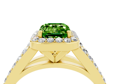 Yellow gold Emerald Cut Peridot Split Shank Halo Ring with Four-Prong Setting_16