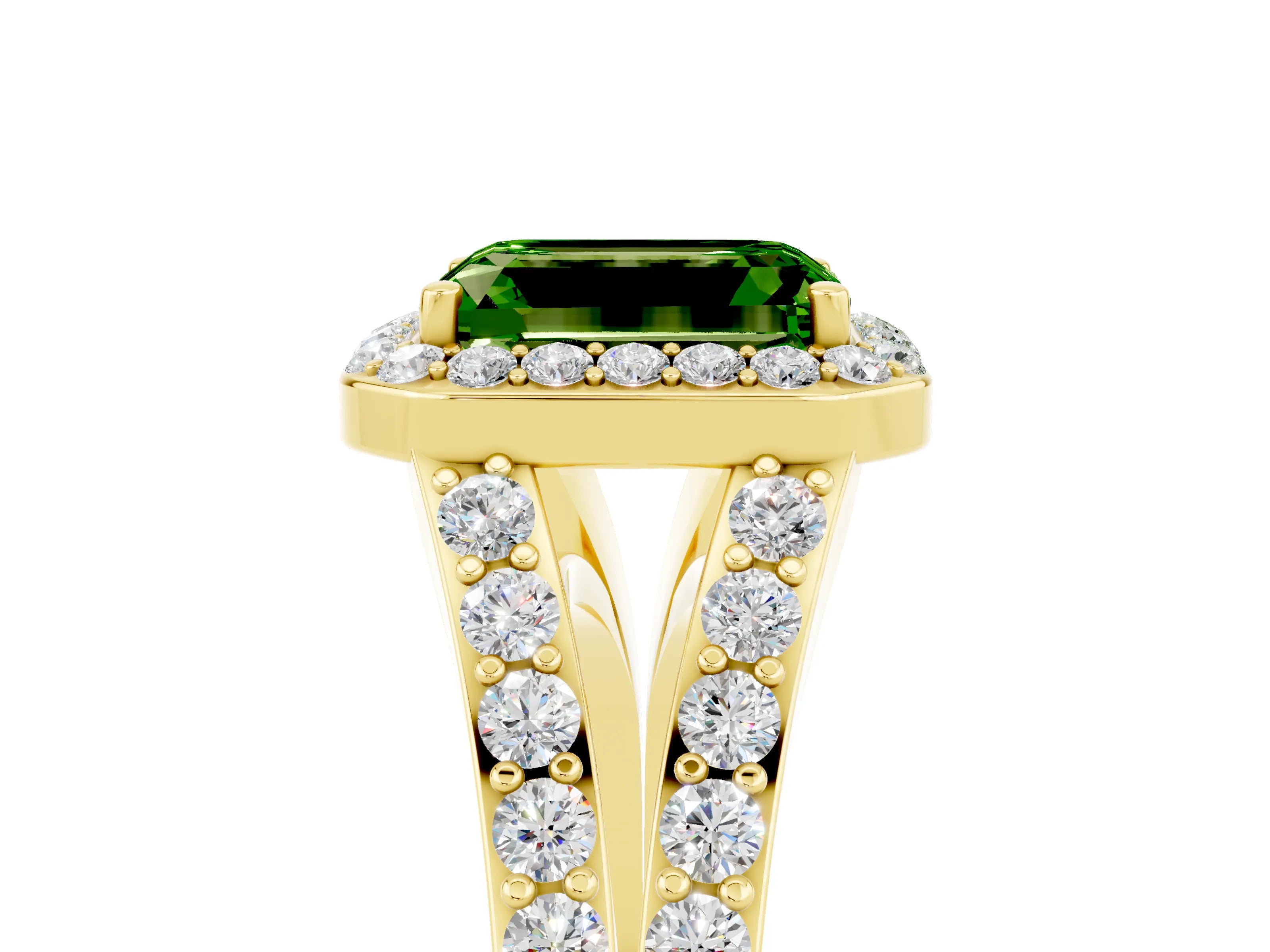 Yellow gold Emerald Cut Peridot Split Shank Halo Ring with Four-Prong Setting_17