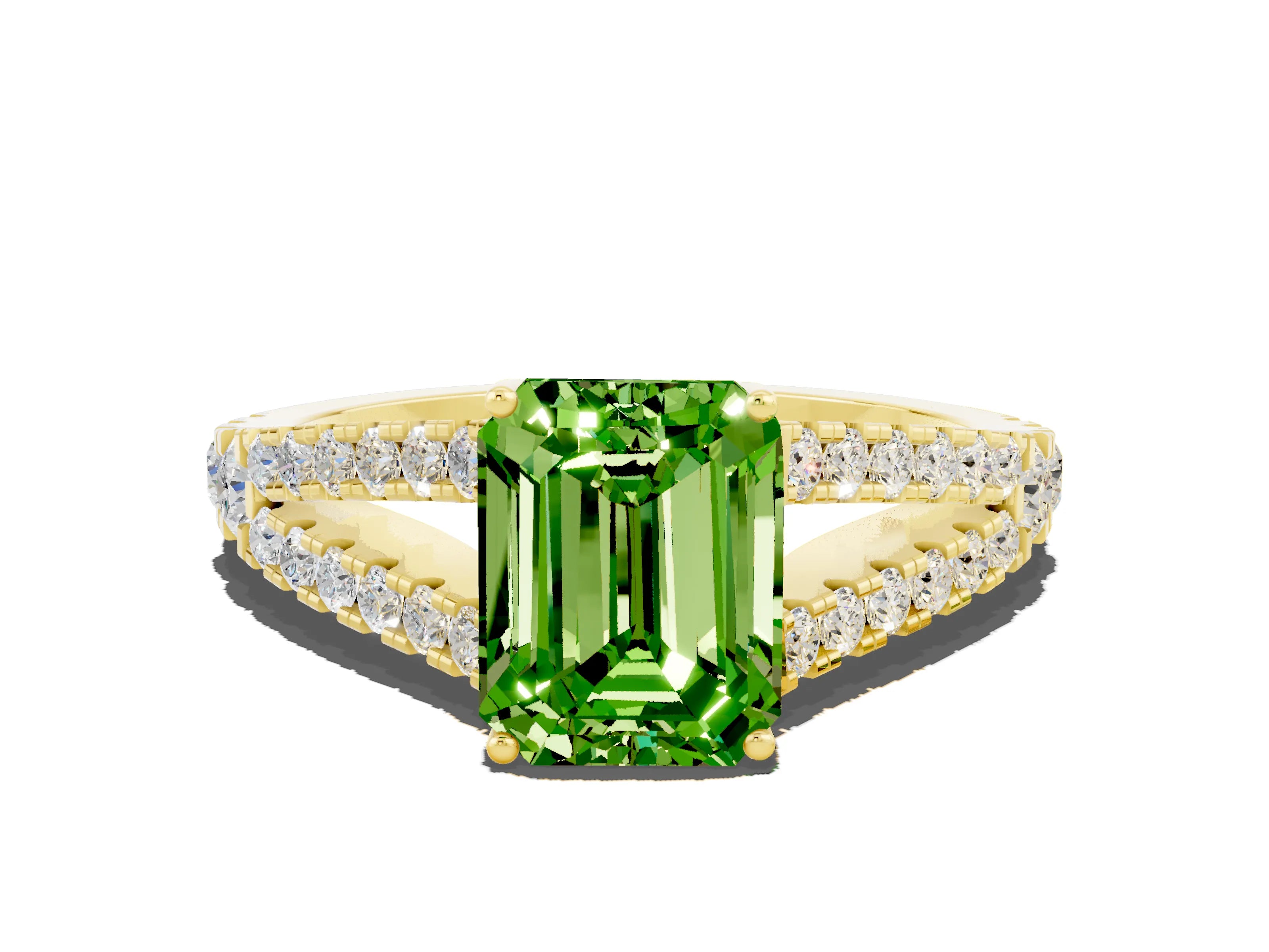 Yellow gold Emerald Cut Peridot Split Shank Pavé Engagement Ring with Four-Prong Setting_12