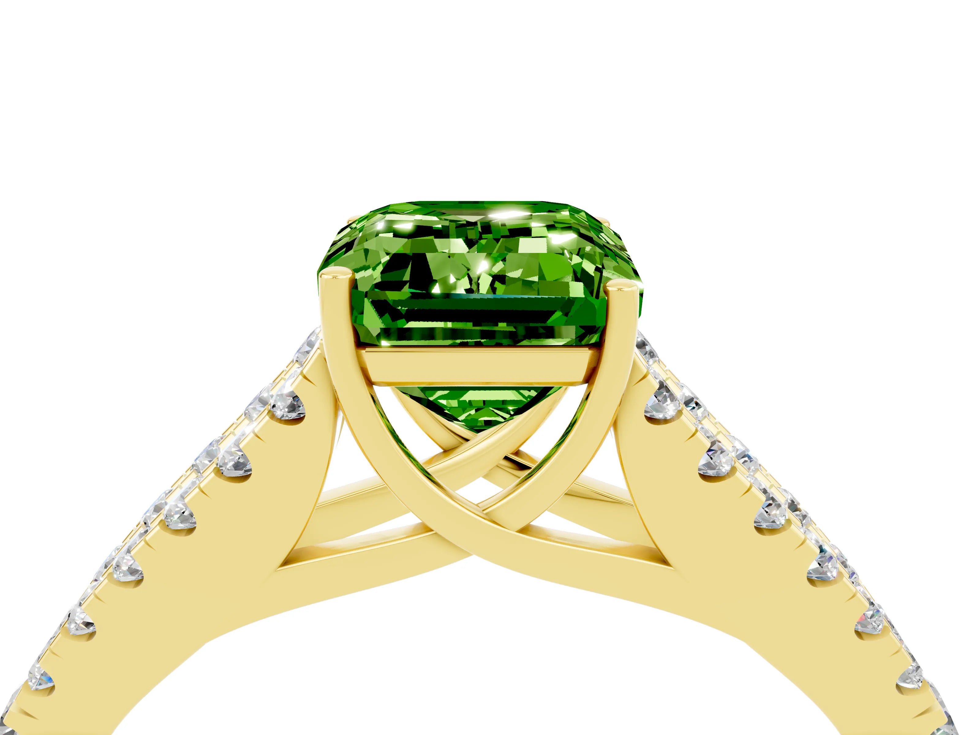 Yellow gold Emerald Cut Peridot Split Shank Pavé Engagement Ring with Four-Prong Setting_16