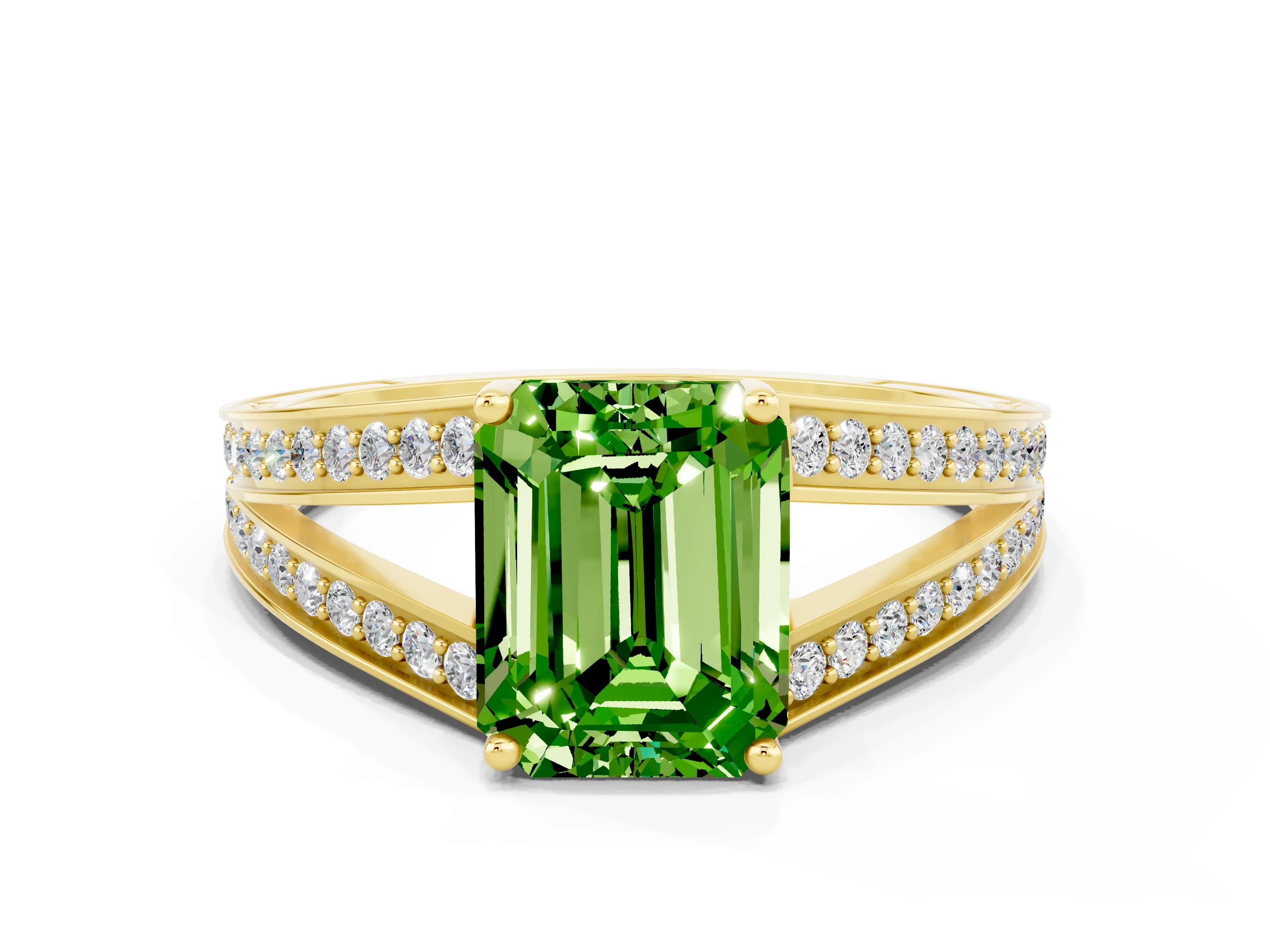 Yellow gold Emerald Cut Peridot Split Shank Ring with Pavé Band and Four-Prong Setting