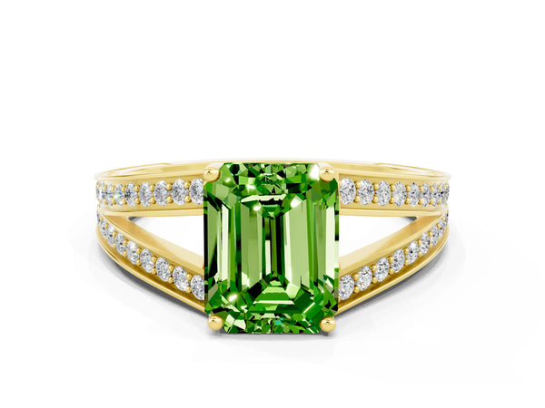 Yellow gold Emerald Cut Peridot Split Shank Ring with Pavé Band and Four-Prong Setting