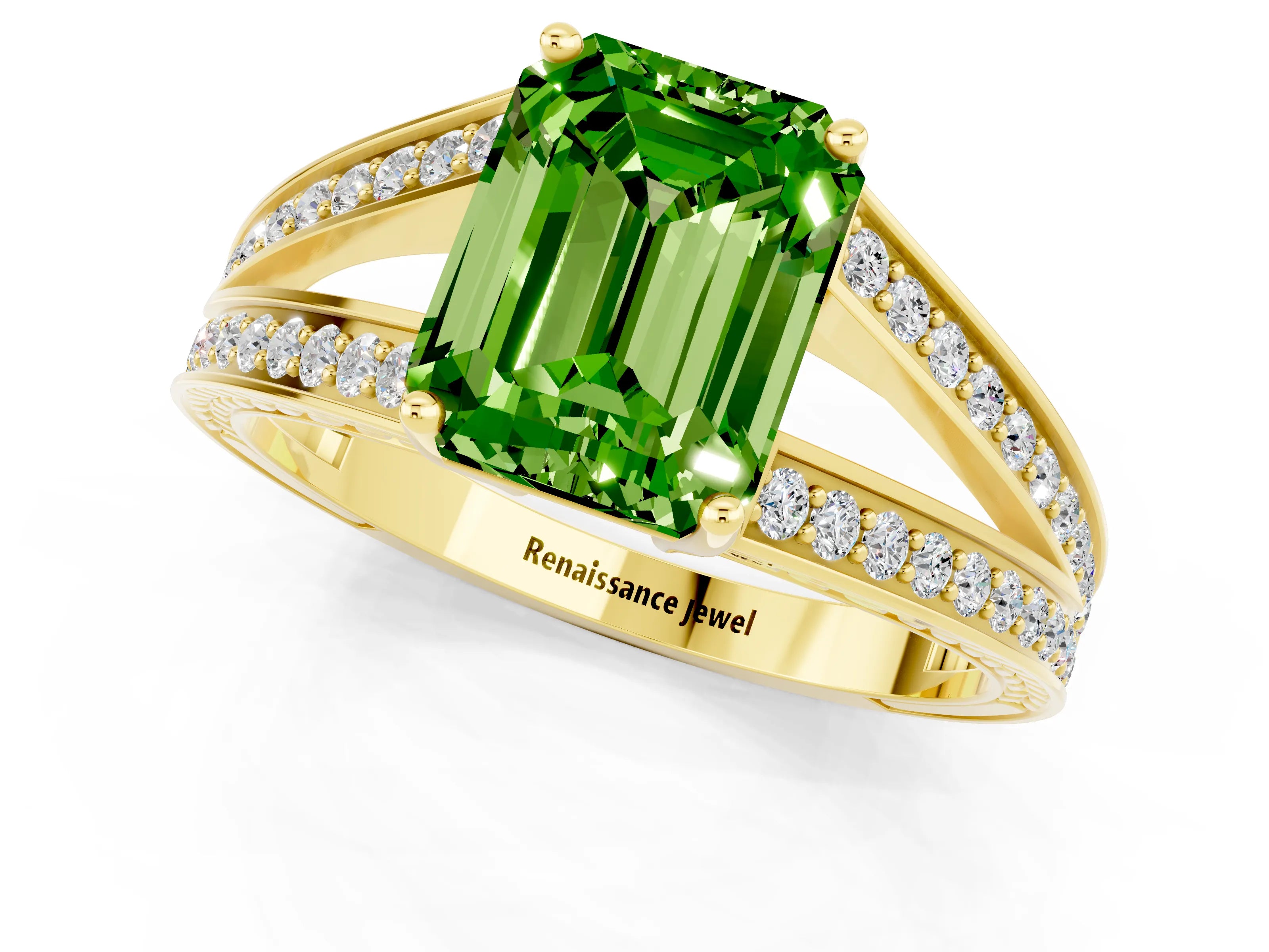 Yellow gold Emerald Cut Peridot Split Shank Ring with Pavé Band and Four-Prong Setting_1