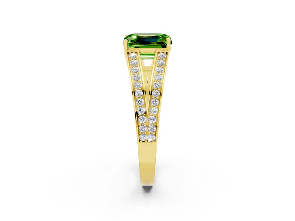 Yellow gold Emerald Cut Peridot Split Shank Ring with Pavé Band and Four-Prong Setting