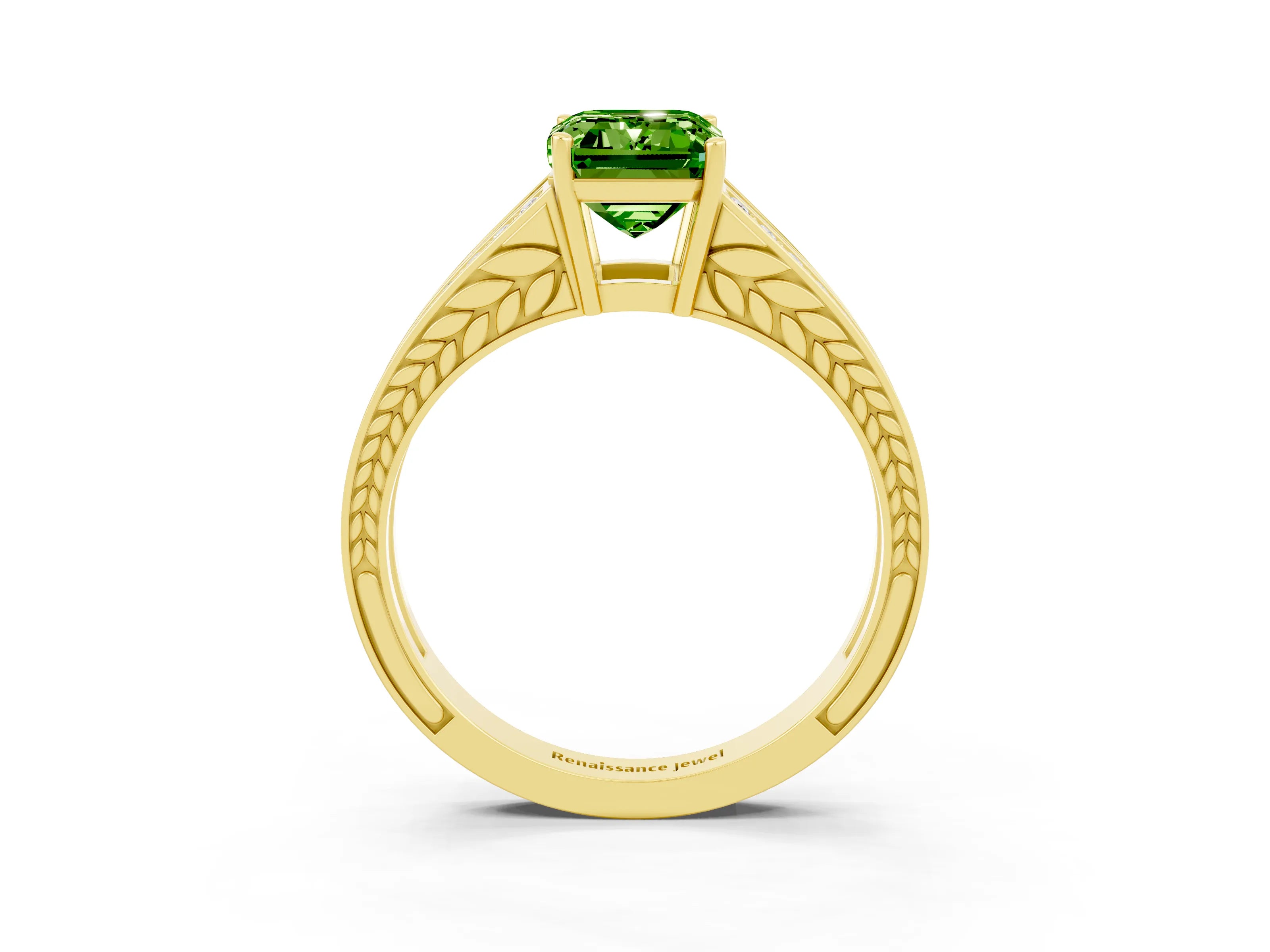 Yellow gold Emerald Cut Peridot Split Shank Ring with Pavé Band and Four-Prong Setting_3
