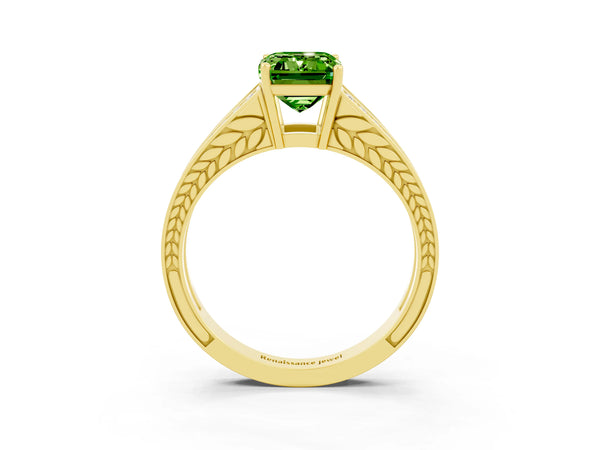 Yellow gold Emerald Cut Peridot Split Shank Ring with Pavé Band and Four-Prong Setting