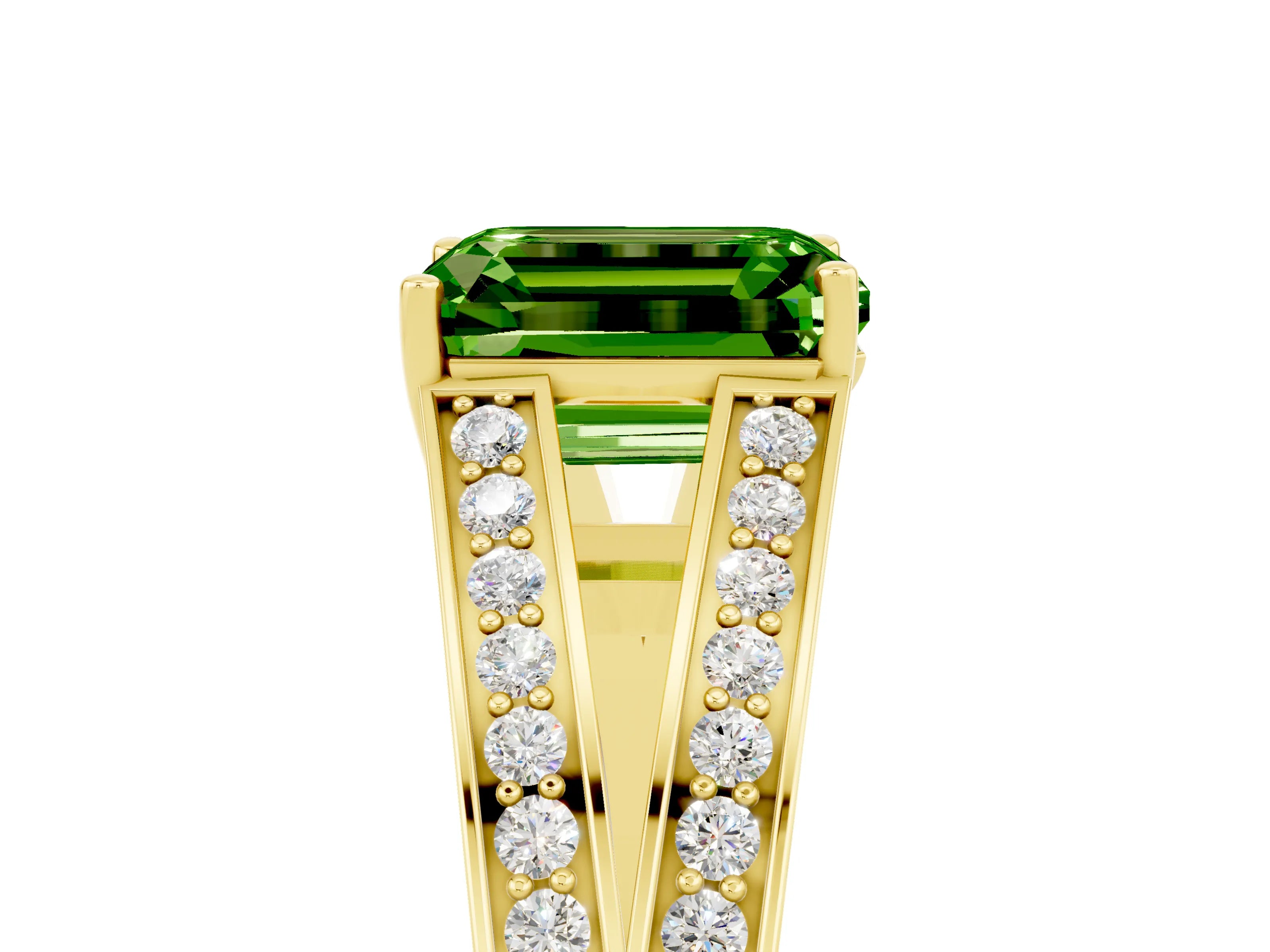 Yellow gold Emerald Cut Peridot Split Shank Ring with Pavé Band and Four-Prong Setting_5