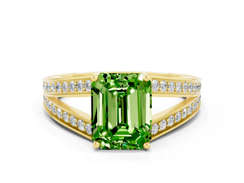 Yellow gold Emerald Cut Peridot Split Shank Ring with Pavé Band and Four-Prong Setting