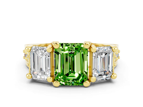 Yellow gold Emerald Cut Peridot Three-Stone Ring with Channel Set Band and Four-Prong Setting