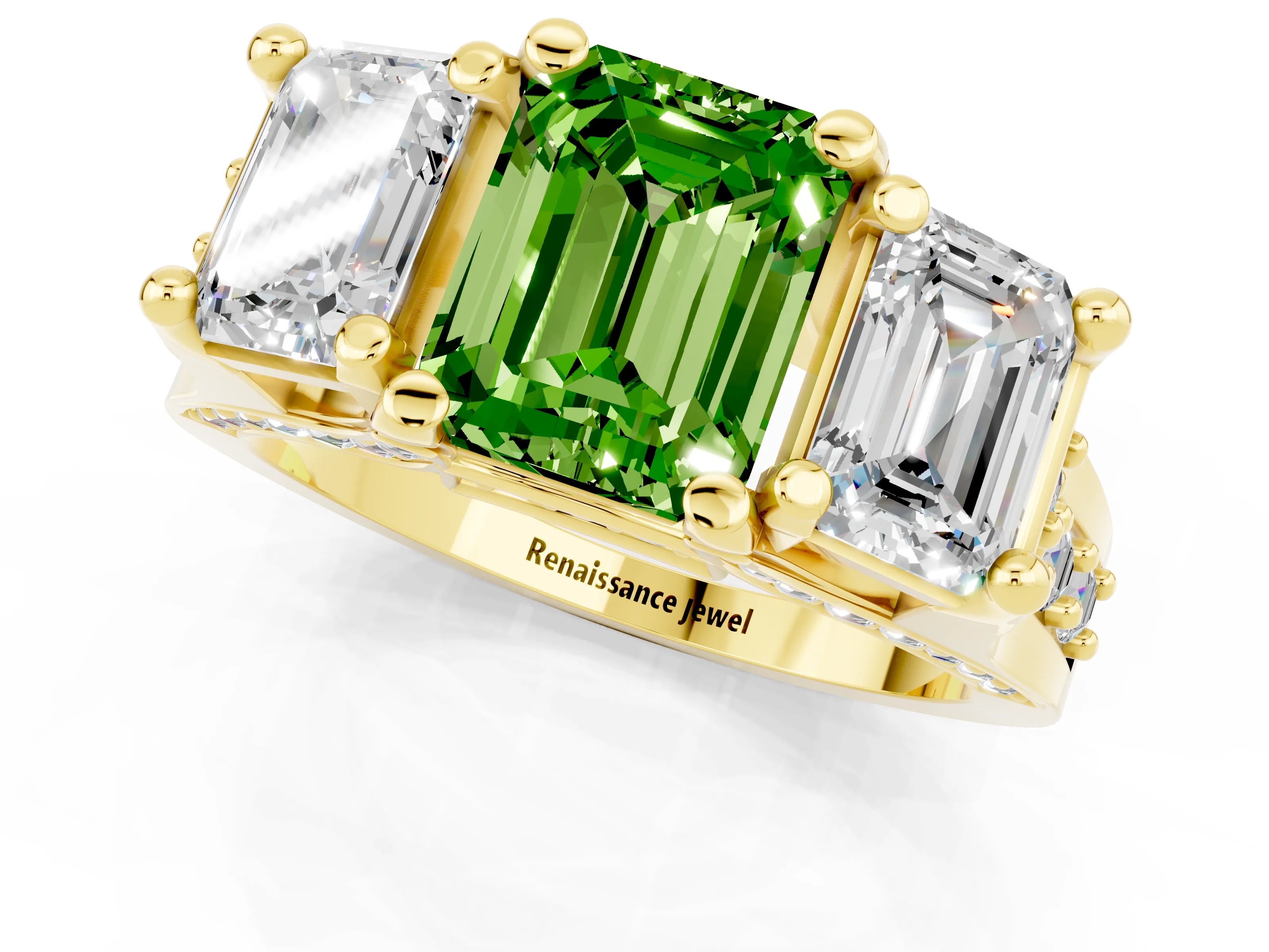 Yellow gold Emerald Cut Peridot Three-Stone Ring with Channel Set Band and Four-Prong Setting_1