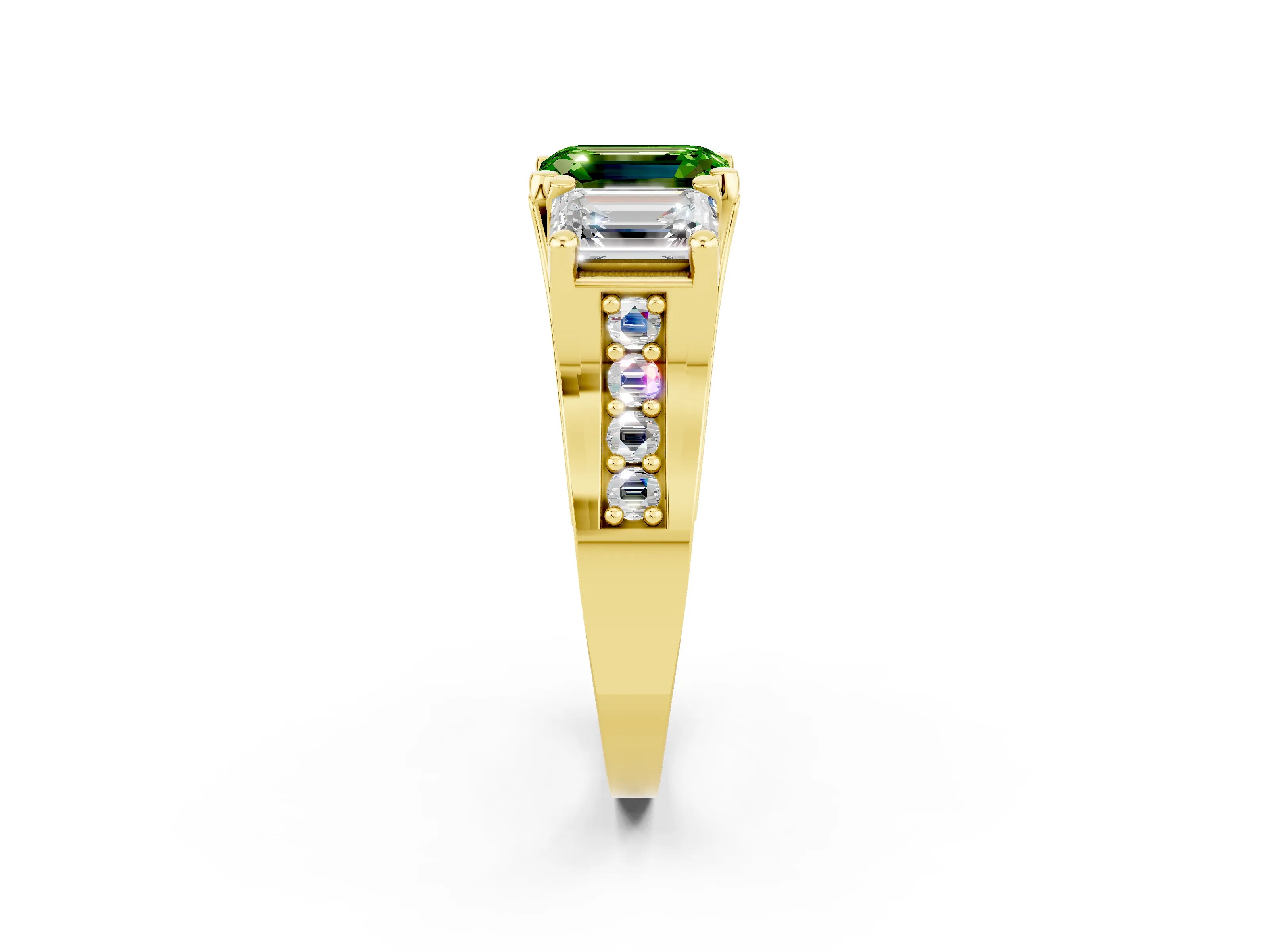 Yellow gold Emerald Cut Peridot Three-Stone Ring with Channel Set Band and Four-Prong Setting_2