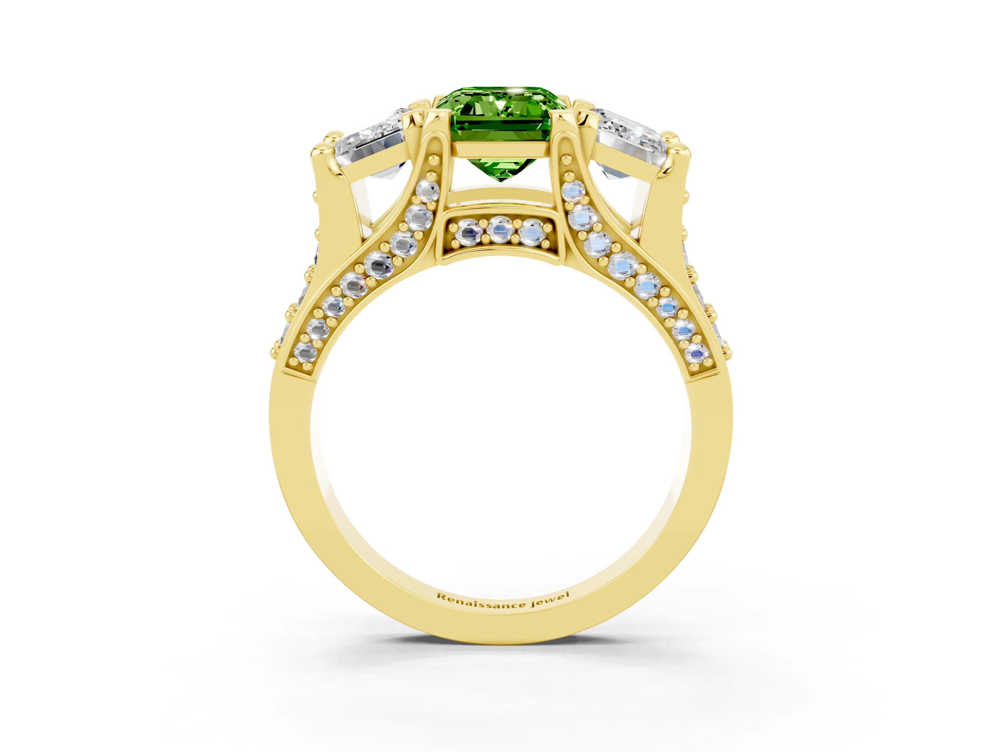 Yellow gold Emerald Cut Peridot Three-Stone Ring with Channel Set Band and Four-Prong Setting_3