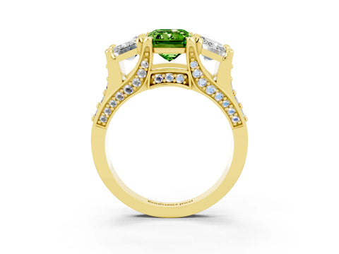 Yellow gold Emerald Cut Peridot Three-Stone Ring with Channel Set Band and Four-Prong Setting_3