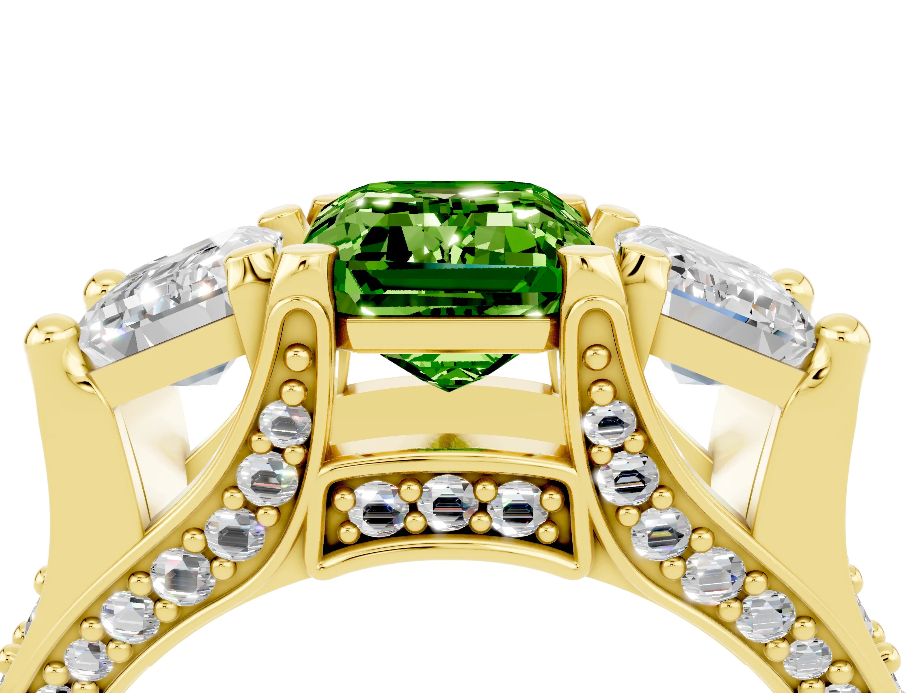 Yellow gold Emerald Cut Peridot Three-Stone Ring with Channel Set Band and Four-Prong Setting_4
