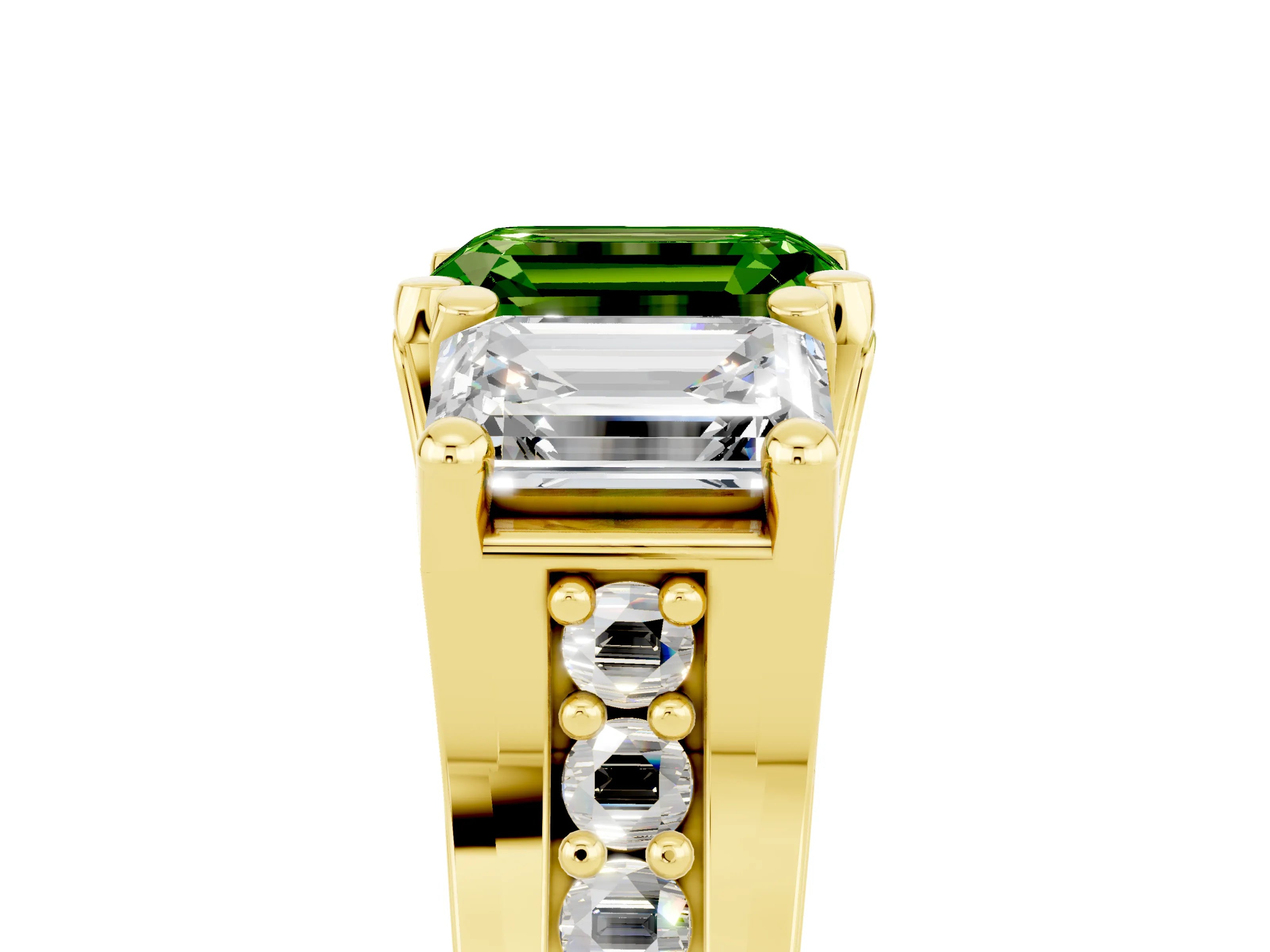 Yellow gold Emerald Cut Peridot Three-Stone Ring with Channel Set Band and Four-Prong Setting_5