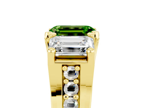 Yellow gold Emerald Cut Peridot Three-Stone Ring with Channel Set Band and Four-Prong Setting_5