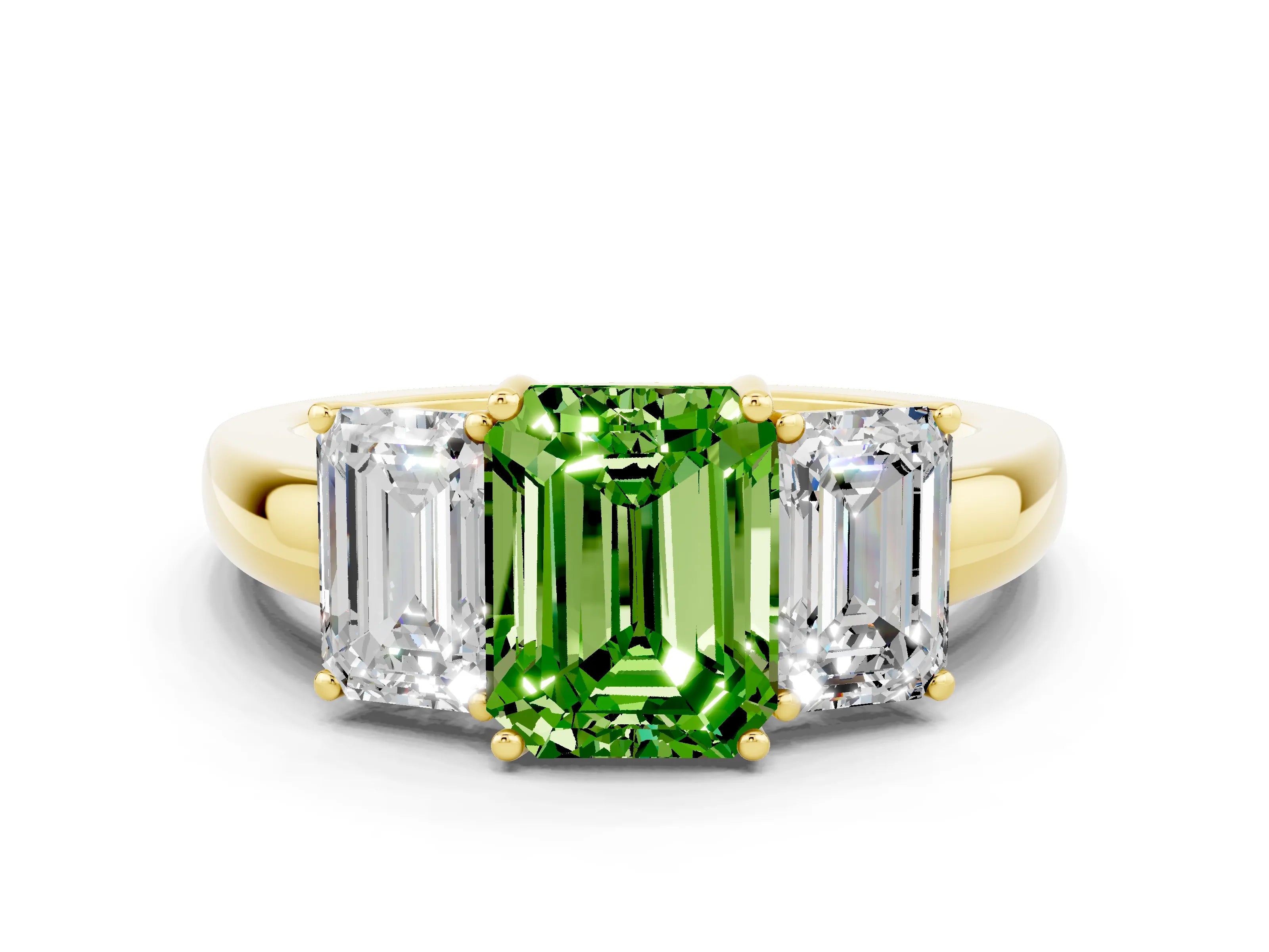 Yellow gold Emerald Cut Peridot Three-Stone Ring with Four-Prong Setting and Classic Band