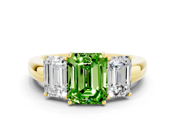 Yellow gold Emerald Cut Peridot Three-Stone Ring with Four-Prong Setting and Classic Band