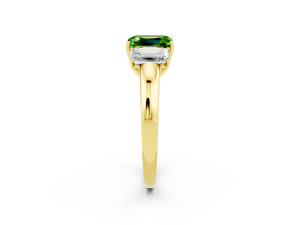 Yellow gold Emerald Cut Peridot Three-Stone Ring with Four-Prong Setting and Classic Band