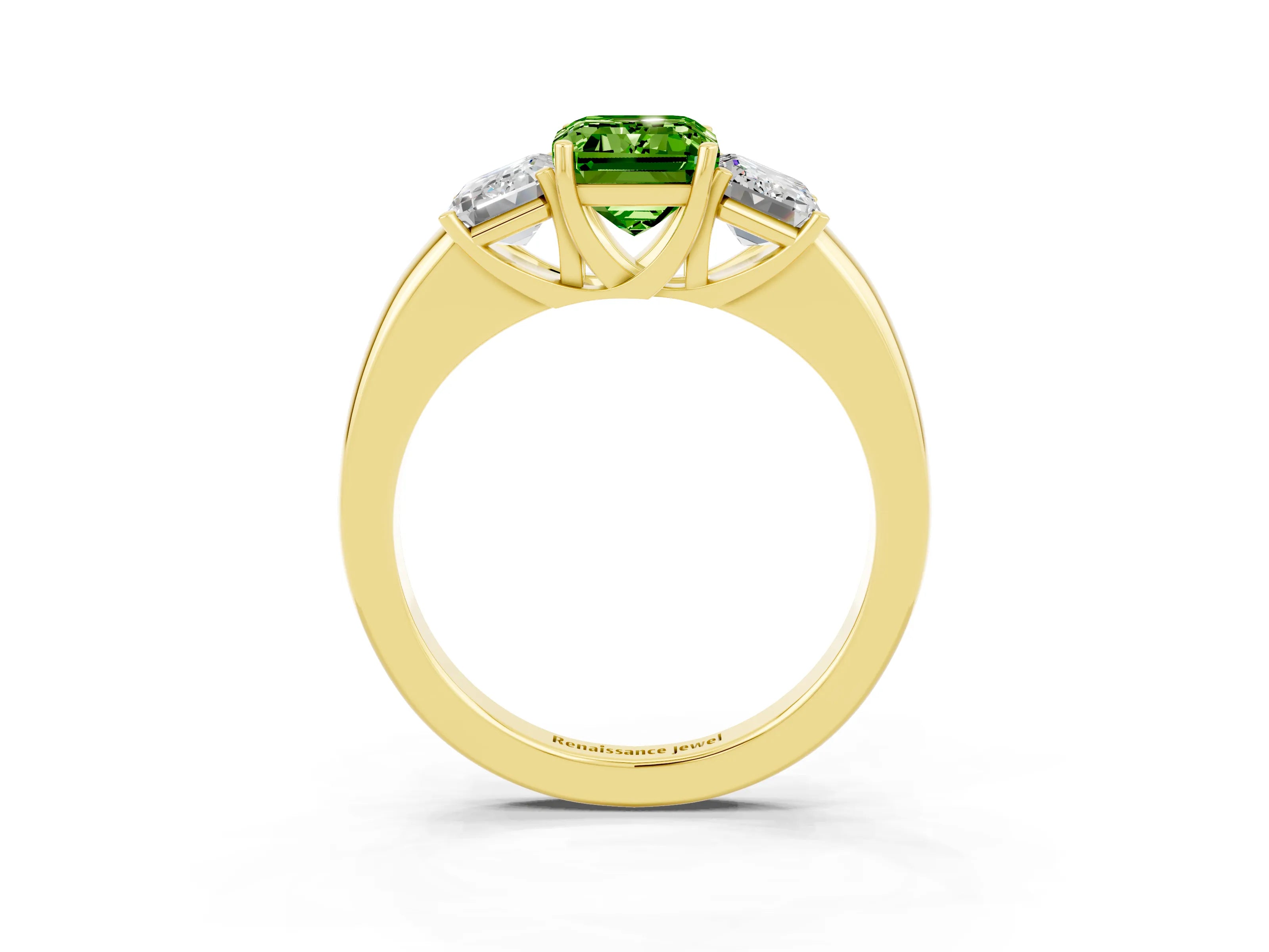 Yellow gold Emerald Cut Peridot Three-Stone Ring with Four-Prong Setting and Classic Band_3