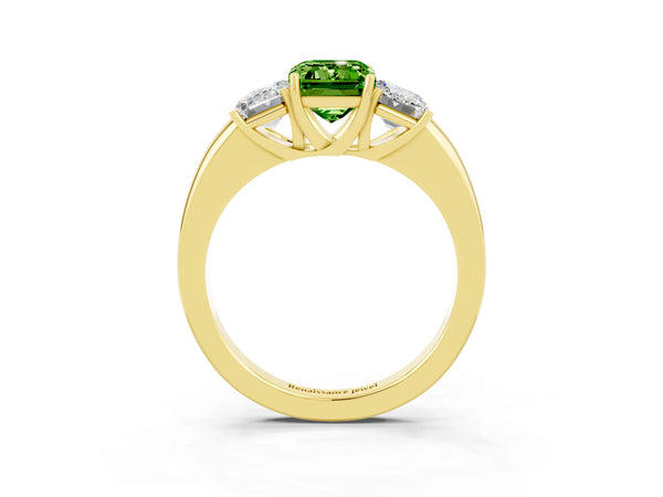 Yellow gold Emerald Cut Peridot Three-Stone Ring with Four-Prong Setting and Classic Band