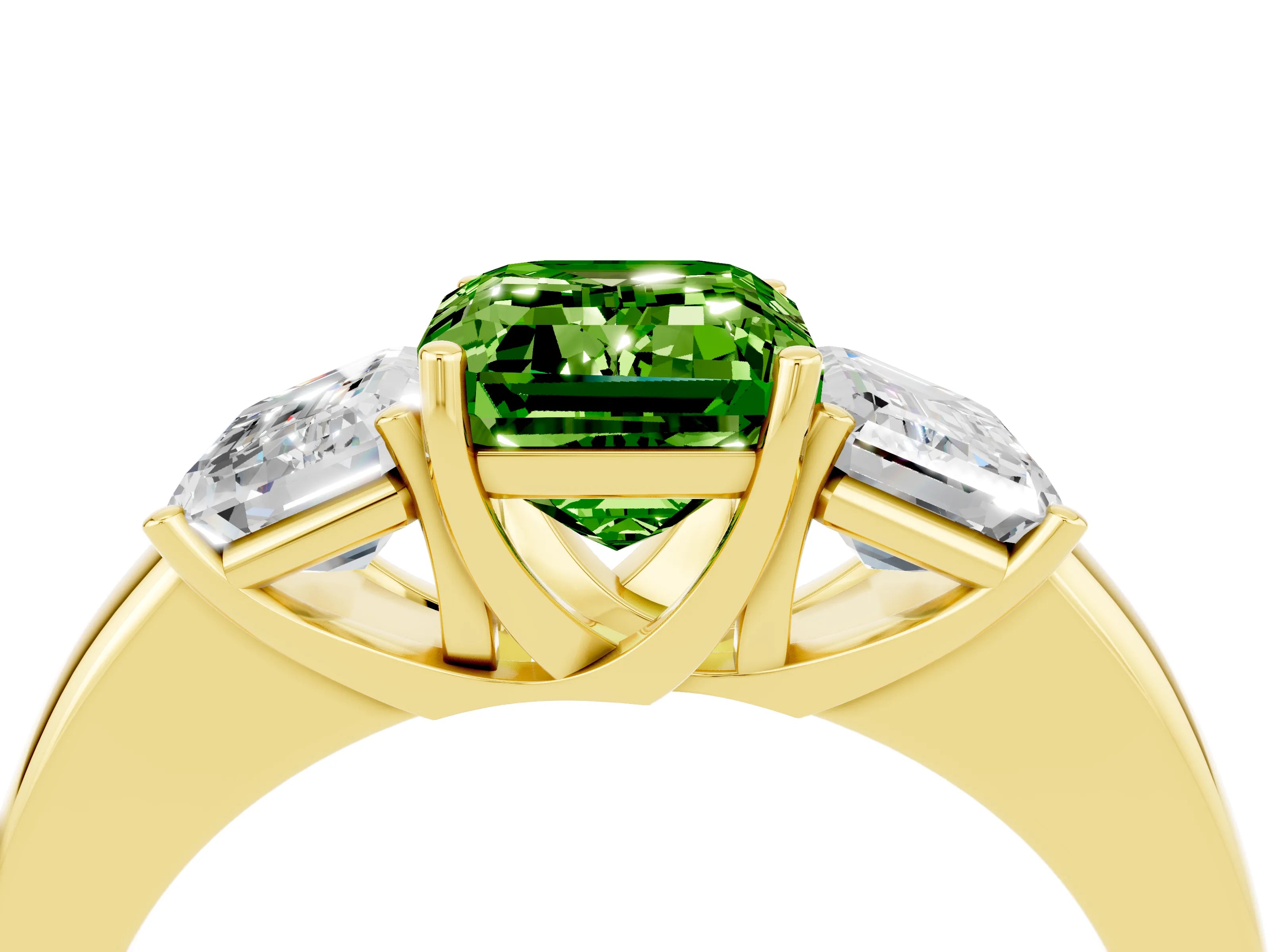 Yellow gold Emerald Cut Peridot Three-Stone Ring with Four-Prong Setting and Classic Band_4