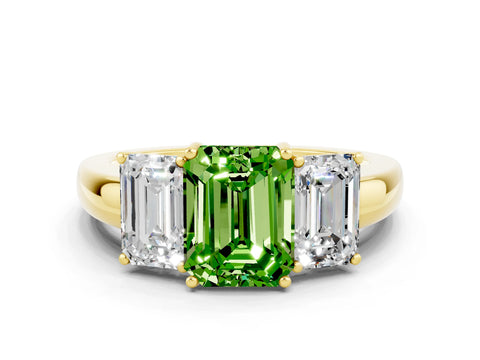 Yellow gold Emerald Cut Peridot Three-Stone Ring with Four-Prong Setting and Classic Band