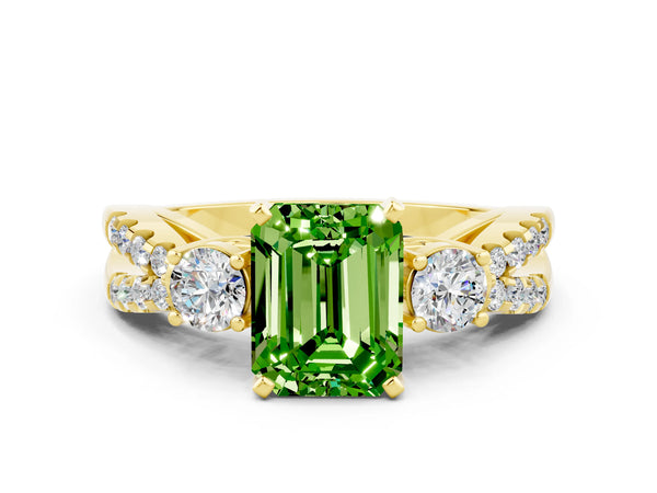 Yellow gold Emerald Cut Peridot Three-Stone Ring with Pavé Split Shank and Four-Prong Setting
