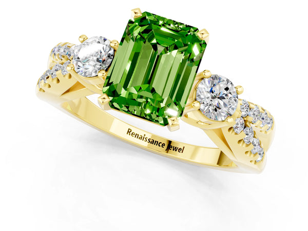 Yellow gold Emerald Cut Peridot Three-Stone Ring with Pavé Split Shank and Four-Prong Setting