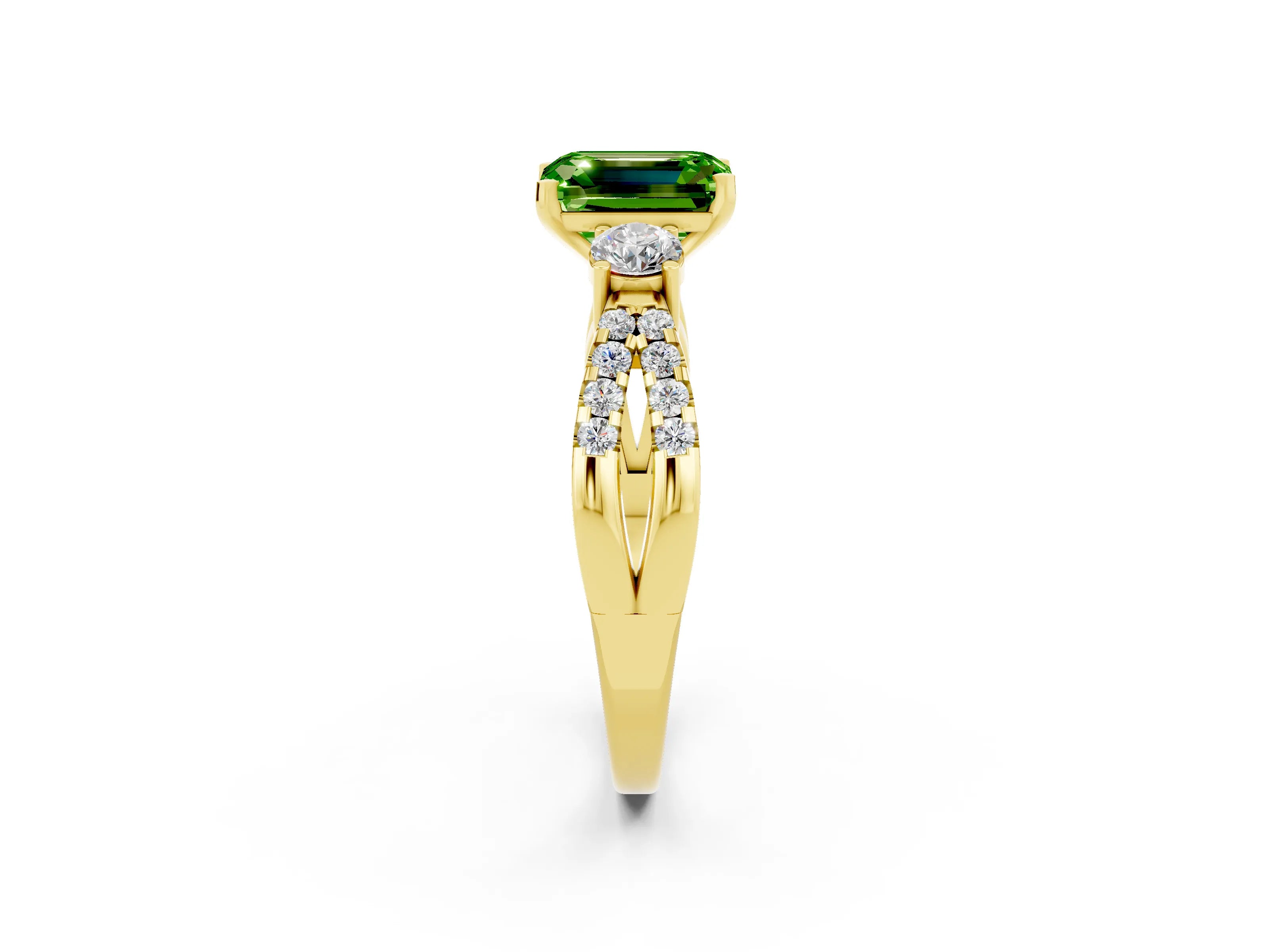 Yellow gold Emerald Cut Peridot Three-Stone Ring with Pavé Split Shank and Four-Prong Setting_2