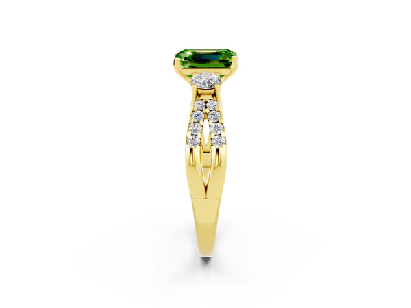 Yellow gold Emerald Cut Peridot Three-Stone Ring with Pavé Split Shank and Four-Prong Setting